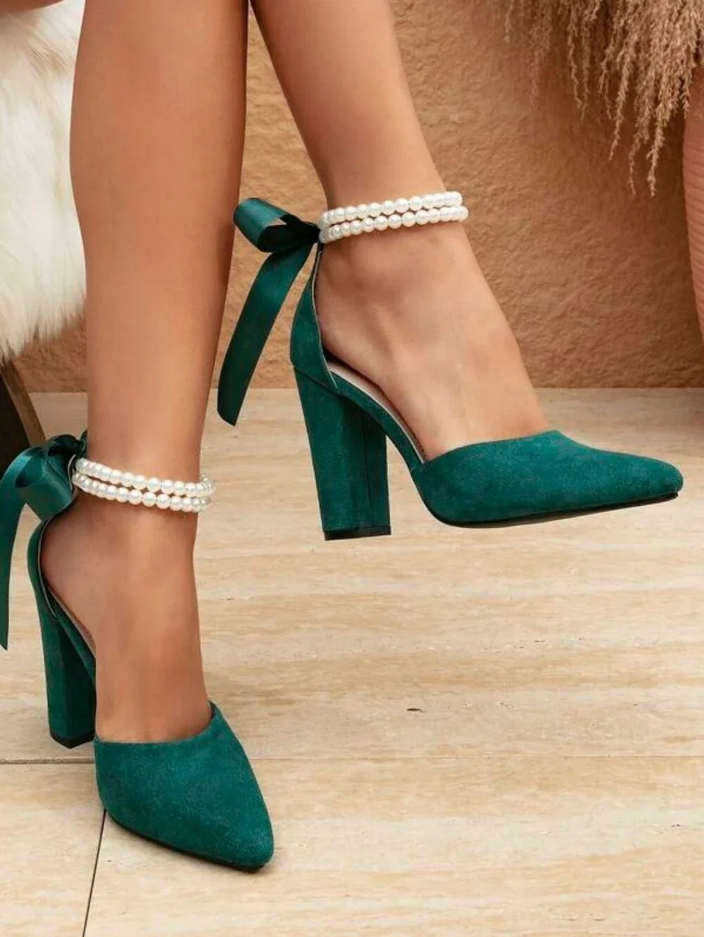 Emerald Green Women’s Pointed Toe Ankle Tie Heels with Pearl Accent